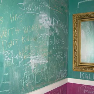 chalk writing on the bathroom wall