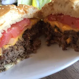 Close up of burger. Cooked perfectly as asked, well done.