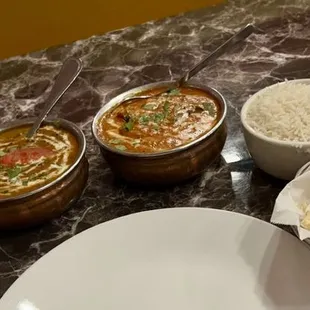 dal makhani, butter chicken, garlic naan