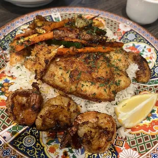 Cajun grilled Catfish with shrimp and veggies :)