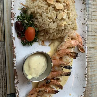 Shrimp and rice pilaf with garlic sauce