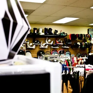 snowboards and bindings in the board room