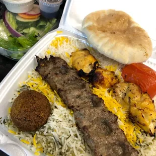 Falafel, steak and chicken kabobs