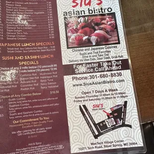 sushi and sashimi, menu