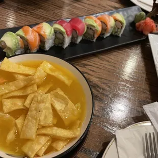 Egg drop soup and Rainbow Roll