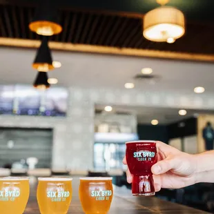 a person holding a glass of cider