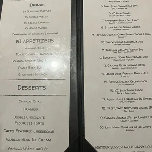 Happy Hour and Beer Menu