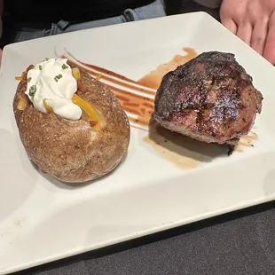 The steak is perfectly done, seasoned well