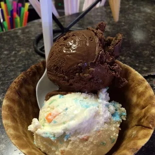 Medium (2 scoops) in a waffle bowl - birthday cake &amp; bear claw