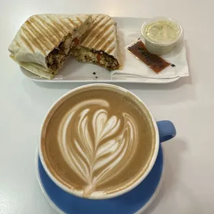 Mocha, and veggie burrito with green sauce