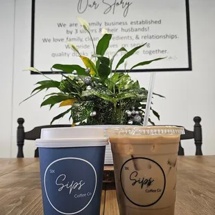 Caramel macchiato, and an iced lavender latte