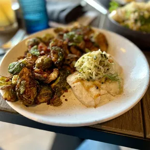 FLORIDA GROUPER W/ BRUSSEL SPROUTS
 (COCONUT ROOT VEGETABLE MASH, BLISTERED TOMATO AND FENNEL SAUCE VIERGE, MALANGA CHIPS)