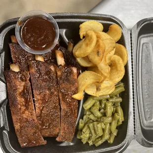 ribs, green beans, and french fries