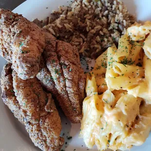 Perfect Fried Catfish, Dirty Rice, Gouda Mac and Cheese