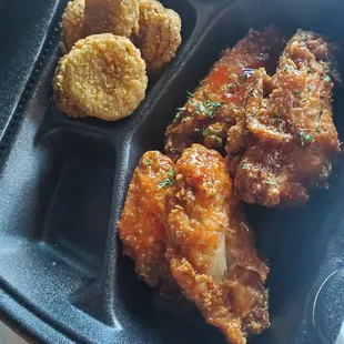 Fried pickles and wingettes in sweet Chilli sauce