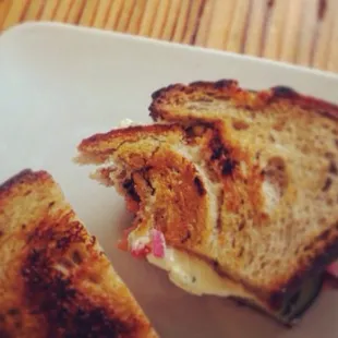 Salted marble rye, toasted and in sandwich form.