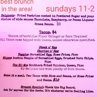 Brunch menu