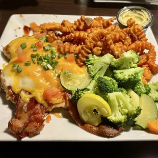 Chicken Monterey with a side of grilled veg and sweet potato fries. Great choice!