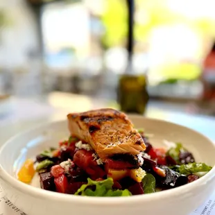 Beet and goat cheese salad with salmon added as protein. Delicious.