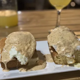 Crazy Cajun Benedict (Andouille cornbread topped with boudin and an over easy egg, covered in Cajun Hollandaise.)