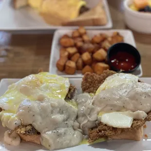 Crazy Cowboy, Texas toast stacked with chicken fried steak, gravy and over easy eggs, topped with hollandaise sauce. So good!