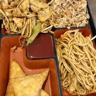 Chicken lo mein bento box with more lo mein, fried rice, and crab rangoons
