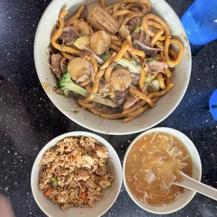 Option of fried rice or white rice, and hot &amp; sour soup or egg drop soup comes with your meal