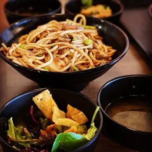 a bowl of noodles and a bowl of soup