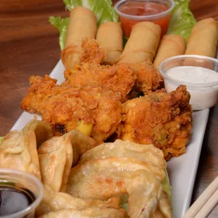 Spring Rolls, Crispy Chicken Wings &amp; Fried Chicken Dumplings
