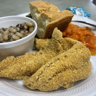Catfish, purple hull peas, cornbread, yams