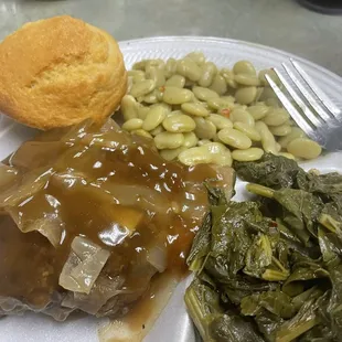 Hamburger steak, sweet cornbread, lima beans, greens
