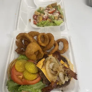 a burger and onion rings