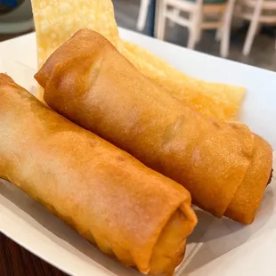 two fried spring rolls on a plate