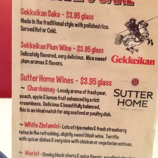 Wine &amp; Sake menu