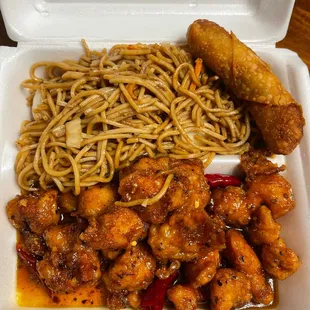 General Tso Chicken Lunch Special with Lo Mein and Egg Roll