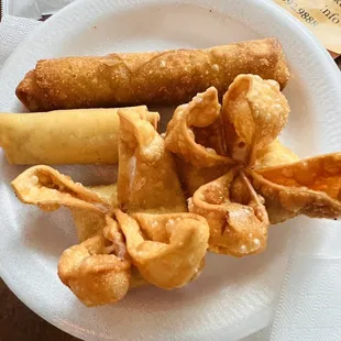 Egg roll ( the biggest roll), spring roll, Cream Cheese Rangoon