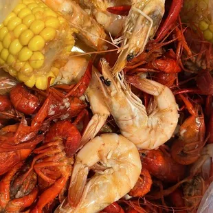 shrimp, corn and corn on the cob