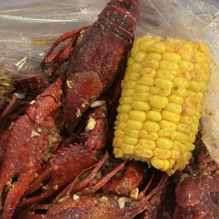 The crawfish are huge!! This one in particular is bigger than the pc of corn!