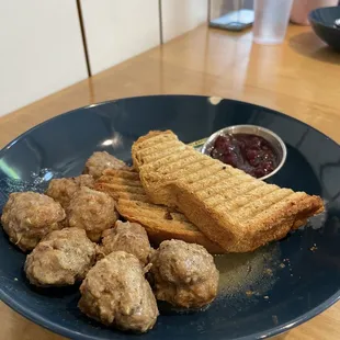 Swedish meatballs, lingonberries and rye toast. Yum!