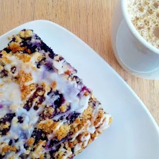 Blueberry coffee cake and a cup of coffee