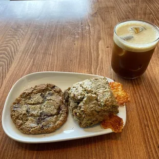 Chocolate chip cookie; multigrain cheese &amp; chive; nitro cold brew