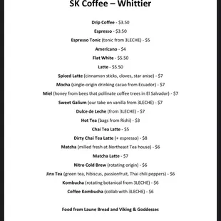 Whittier- SK Coffee Menu