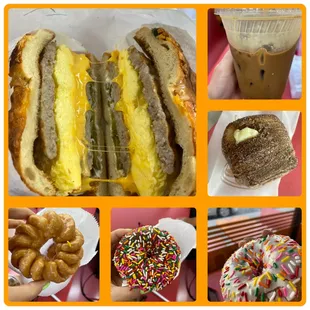 A collage of my items: the bagel sandwich was massive. The custard-filled cronut is under the coffee. Delicious!