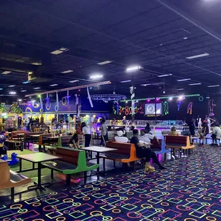 In the back there is an eating area, mini golf, and a few bounce houses.