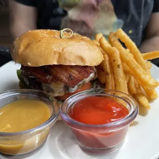 Don Burger with bacon. Great home made sauces compliment this succulent burger!