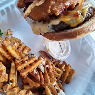 The Tasty Western Burger with garlic waffle fries for an awesome lunch