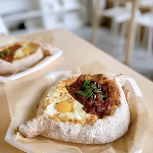 Veggie Khachapuri | eggplants, red bell peppers with tomatoes, and fresh herbs