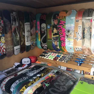 The van full stocked. We carry 12 different brands of decks. Proud supporter of Ace trucks. Wheels available  Spitfire, Bone, Powerflex.