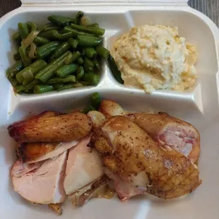 Half chicken, string beans &amp; potato salad. They were OUT of coleslaw.