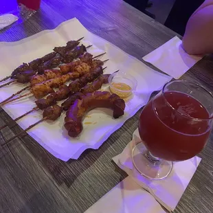 sour beer + beef, lamb, chicken, hot link skewers